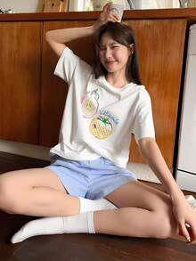 Camiseta estampada de verano para mujer estilo Y2K: estampado geométrico de frutas de dibujos animados, top holgado de manga corta, cuello redondo transpirable, estilo casual, estilo retro urbano, camiseta estampada a la moda. UIV4 - Blanco - Ver 9