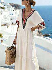 Holidaya Vestido casual de mujer con rayas y parches - Albaricoque - Ver 4