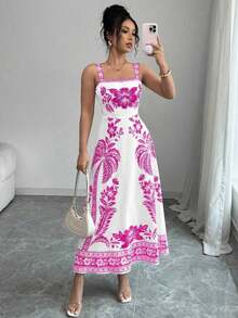 Vestido de tirantes finos con estampado localizado y silueta de línea A para mujer, ideal para el verano - Rosa Fucsia - Ver 1