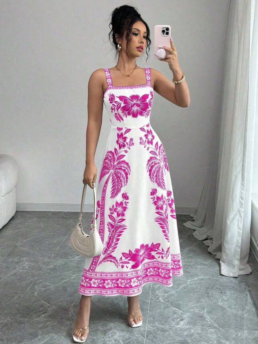 Vestido de tirantes finos con estampado localizado y silueta de línea A para mujer, ideal para el verano - Rosa Fucsia - Ver 1