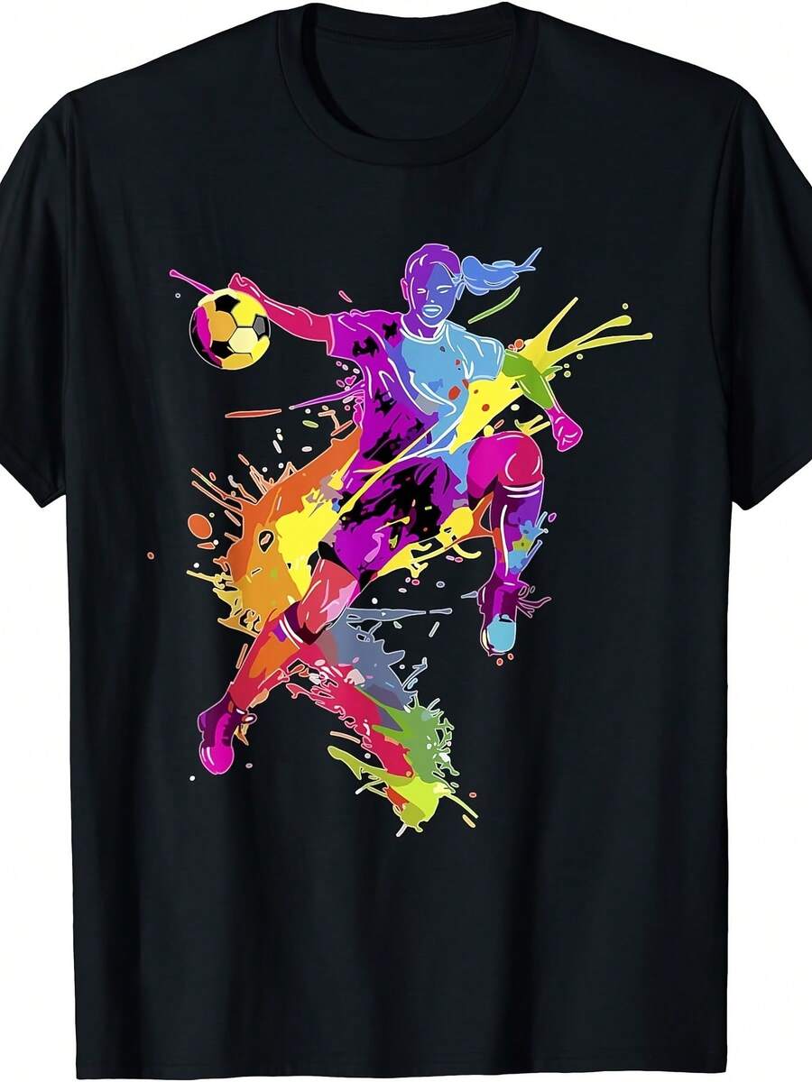 Men's Soccer T-Shirt With Paint Splatter Print - Soccer And Paint Splatter Design, Sizes S-XXXL, Urban Casual Style Crew Neck T-Shirt, Machine Washable, Suitable For Training, Gift And Daily Wear - A Birthday Gift For Him, Ideal For Male Athletes. - 黑色 - 查看 1