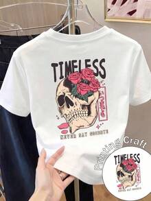 Camiseta con estampado de camisa casual para mujer, manga corta y cuello redondo, moda urbana local de primavera/verano. - Negro - Ver 1