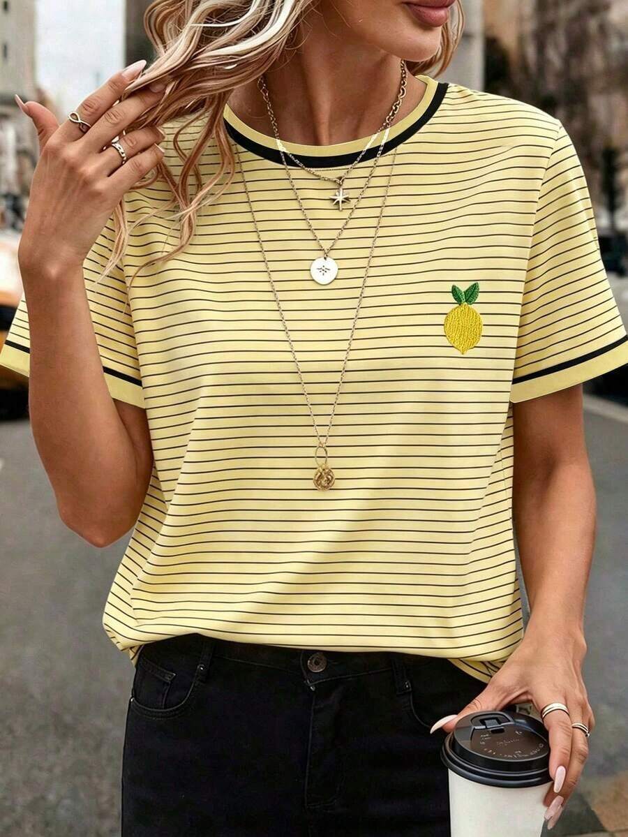 Camiseta casual de mujer de manga corta, cuello redondo, con estampado de caballero y rayas - Multicolor 3 - Ver 1