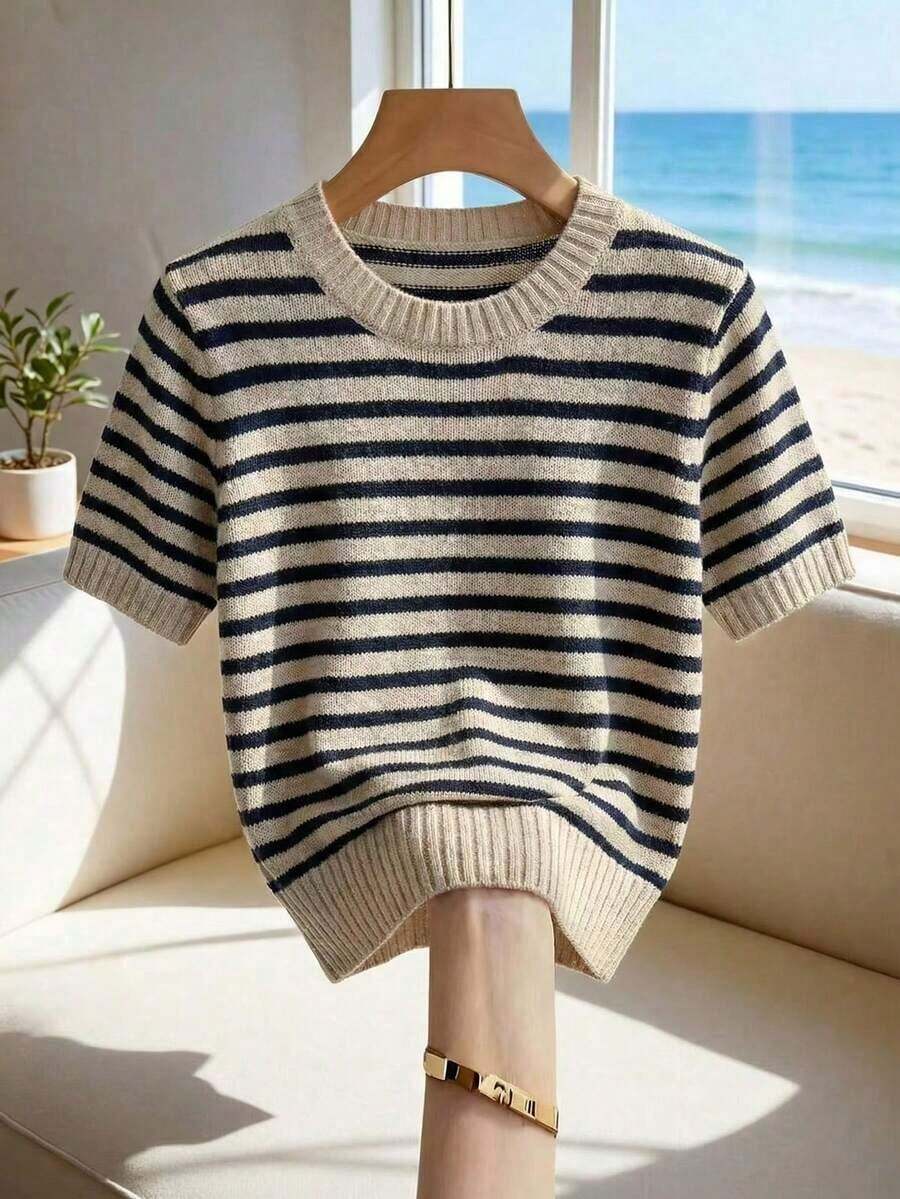 Nueva llegada Primavera/Verano Estilo coreano Casual Suelta Personalizada Blusa de punto de mujer a rayas de color contrastante - Caqui 4 - Ver 1