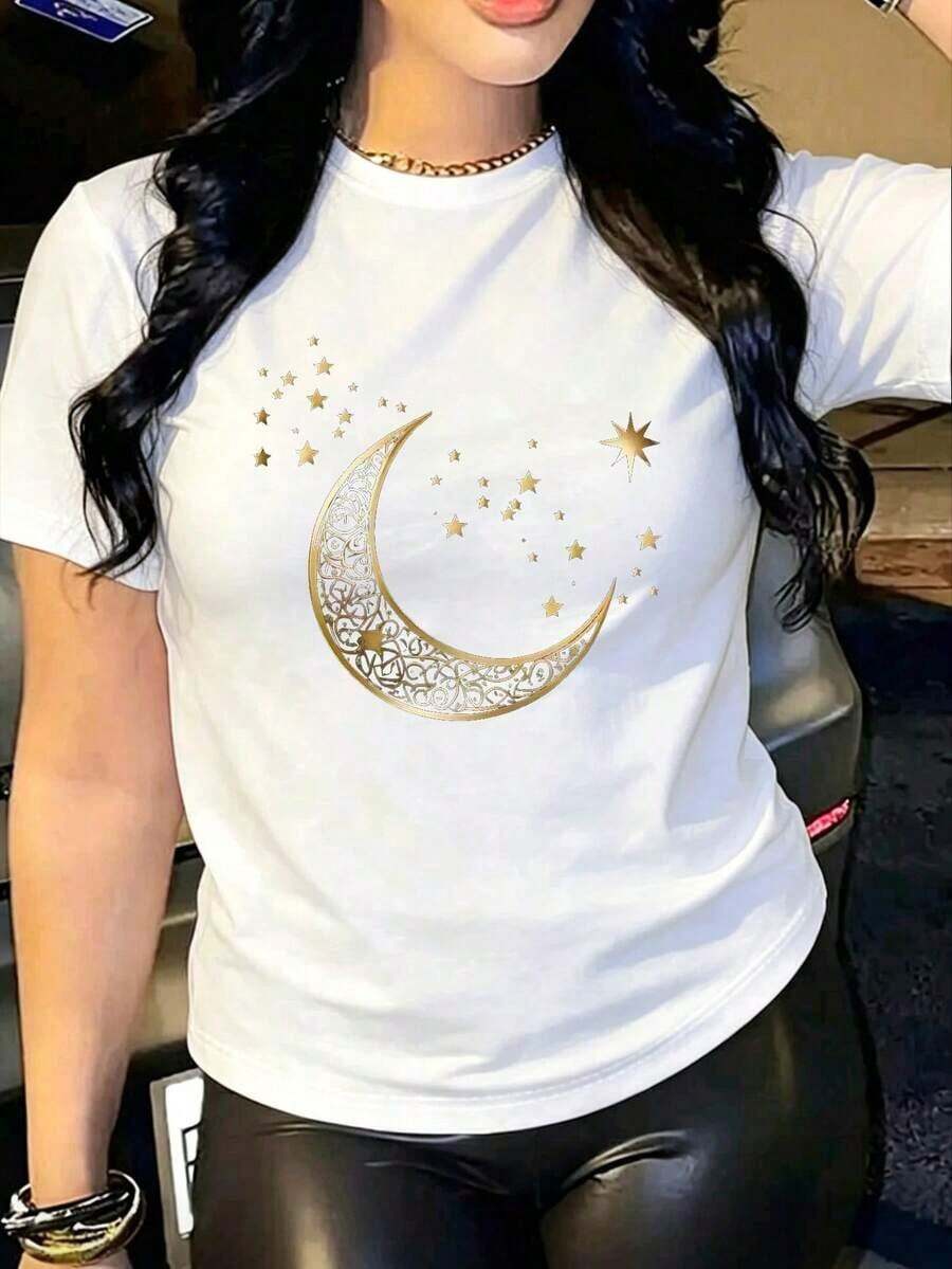 Women's Casual T-Shirt With Moon And Stars Print In Black, Short Sleeve, Dropped Shoulders, Round Neck, Knit Fabric With Medium Elasticity For A Chic And Cute Look. - 白色 - 查看 1