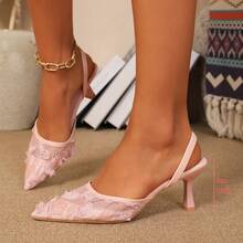 New Chinese Style White High Heel Mules, Pointed Toe Lace Embroidery Convertible Sandals For Women - Pink - View 16