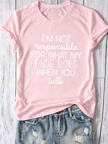 Women I'M NOT RESPONSIBLE FOR WHAT MY FACE DOES WHEN YOU TALK Slogan Graphic Tee Round Neck Short Sleeve Casual Daily All Season Summer Tshirt - 粉色 - 查看 7
