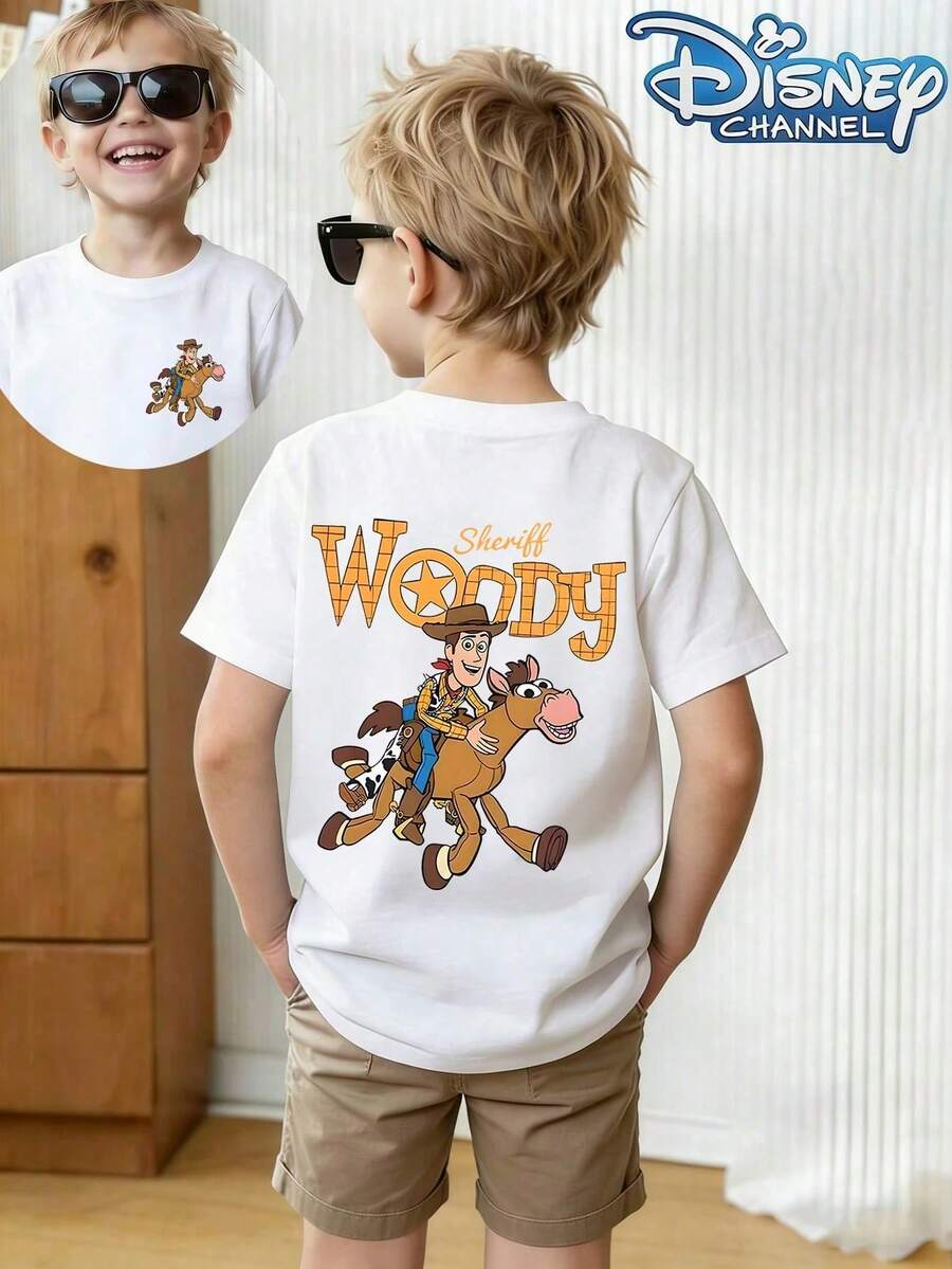 Boys' Disney Toy Story Sheriff Woody Graphic T-Shirt, Fun Denim And Bull's Eye Print, Casual Short-Sleeved T-Shirt, Soft, Breathable And Comfortable, Summer Top For Boys And Theme Park Trips - 白色 - 查看 1
