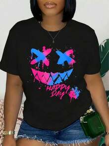 Women's Happy Face Print T-Shirt - Casual And Sporty Short Sleeve, Breathable Blend, Machine Washable, Comfortable Summer Top With Vibrant Pink And Blue Design - 1-1 Cotton T-Shirt - 黑色 - 查看 1