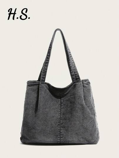 Retro Washed Black And Gray Canvas Tote Bag, Large Capacity Casual Commuter Shoulder Bag, Simple And Versatile Slouchy Underarm Bag, European And American Style Retro Charcoal Gray Fabric Bag, Preppy Style High School And College Student Class Bag, Zippered Closure, Multiple Internal Pockets, Practical Bag, And Versatile Fabric Bag For Street Shopping.