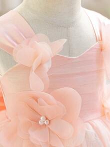 女嬰無袖 3D 花朵蝴蝶結網紗可愛生日公主禮服 花童正式長裙，不含髮帶 - 淺粉色 - 查看 7