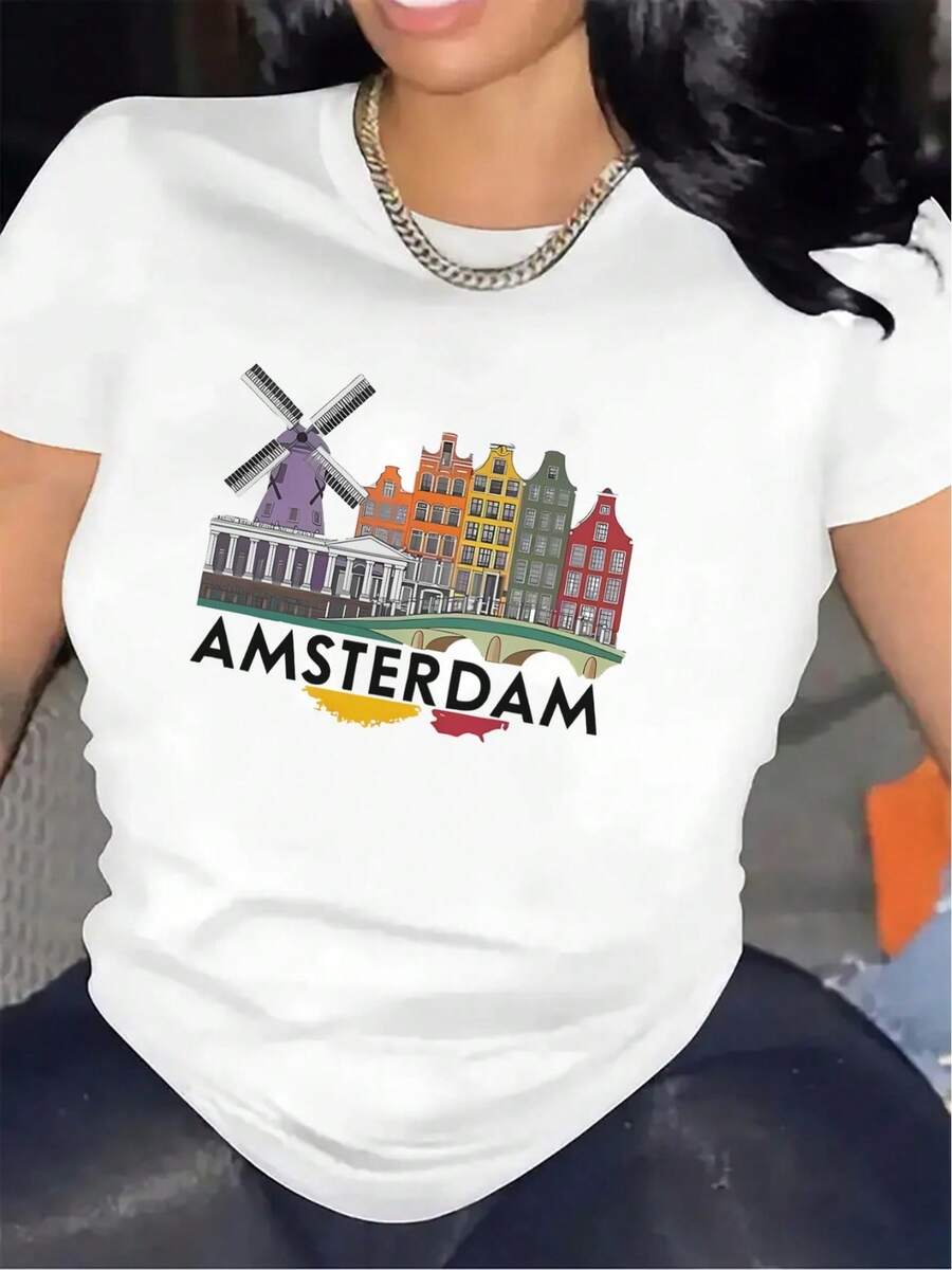 Women's T-Shirt, Short-Sleeved T-Shirt For Women, Amsterdam Cityscape Design With Windmills, Lightweight And Durable, Suitable For Casual Daily Wear, As A Travel Souvenir Or For Everyday Outfits At Home, Cafes And Restaurants, 100% Pure Cotton. - 白色 - 查看 1
