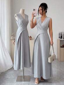 xheElenzga Vestido largo de mujer con diseño de cintura elegante sin mangas, de tela texturizada y cintura ceñida, adecuado para la temporada de graduación, versátil y minimalistaxhe - Gris azul - Ver 9