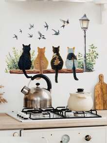 Healing Cat Silhouette Waterproof Oilproof Wall Sticker, 4 Different Floral Patterns, Warm And Healing Atmosphere, Kitchen/Bathroom Tile Renovation Tool, Cute Pet Warm Self-Adhesive Wall Decor Sticker - Wall Stickers - View 10