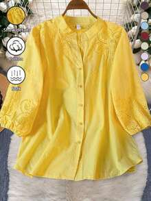 Blusa ligera y semitransparente con escote en V y bordados, para atuendos de verano, estilo campestre casual para vacaciones - Amarillo - Ver 5