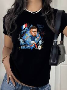 Women's T-Shirt With A Cartoon Footballer Representing French Speed And Power, Inspired By  In Action With The Ball, Highlighting The Competitive Spirit And National Pride For Sports Fans And Casual Fashion. - 黑色 - 查看 8