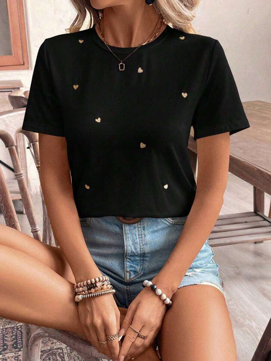 Women's Cotton T-Shirts Frenchy Casual Short Sleeve T-Shirt For Everyday Wear With Gold Thread Embroidered Heart, Summer T-Shirt For Women With Cotton Tea Party Outfit, Embroidered Top, Cotton T-Shirt For Women. Summer Tops - 黑色 - 查看 1