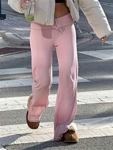 High-Waisted Straight Leg Trousers In Solid Color - Rose - View 1
