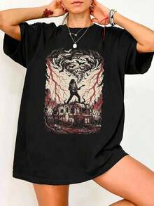 Oversized Black Graphic T-Shirt S-StrangerS T-ThingsS Eddie Munson Guitar Scene Bootleg - Black - View 1