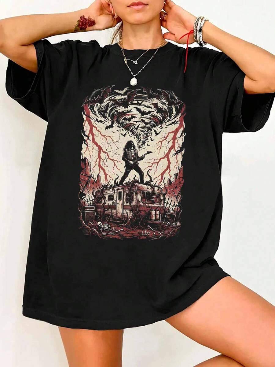 Oversized Black Graphic T-Shirt S-StrangerS T-ThingsS Eddie Munson Guitar Scene Bootleg - Black - View 1