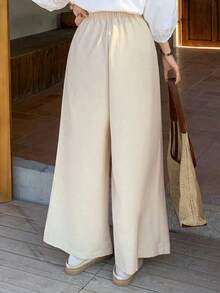 Pantalones de pierna ancha y cintura alta para mujer, estilo para trayecto, de lino para primavera y verano - Albaricoque - Ver 5