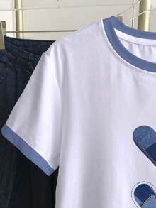 Camiseta de manga corta casual y versátil para mujer con cuello redondo, estampado de corazón y ribete de contraste - Blanco - Ver 4