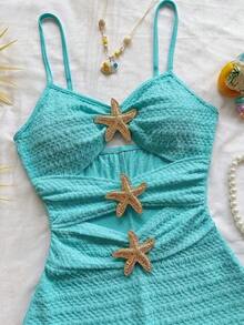 Mono de mujer con decoración de estrella de mar hueca, adecuado para fiesta y uso en casa - Agua verde azul - Ver 3