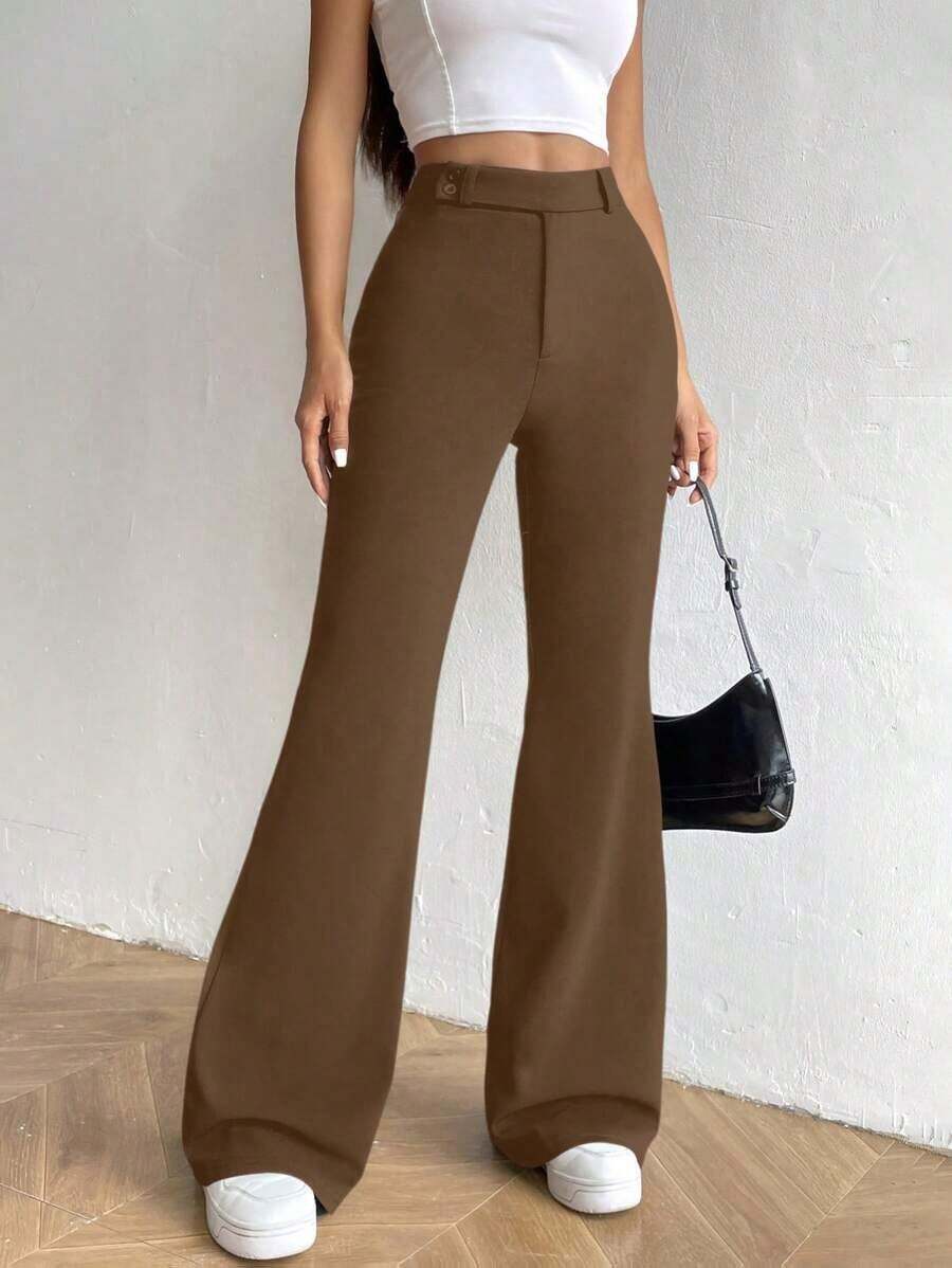 Pantalones acampanados de cintura alta de unicolor, casuales y versátiles para mujer - Marrón 2 - Ver 1
