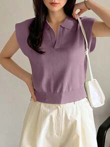 Suéter holgado de punto de unicolor con cuello, estilo casual y de negociospara mujer - Morado - Ver 5