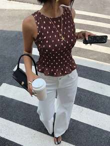 Camiseta de tirantes con cuello redondo y pliegues, con estampado de lunares en la cintura para vacaciones de mujer - Multicolor - Ver 3