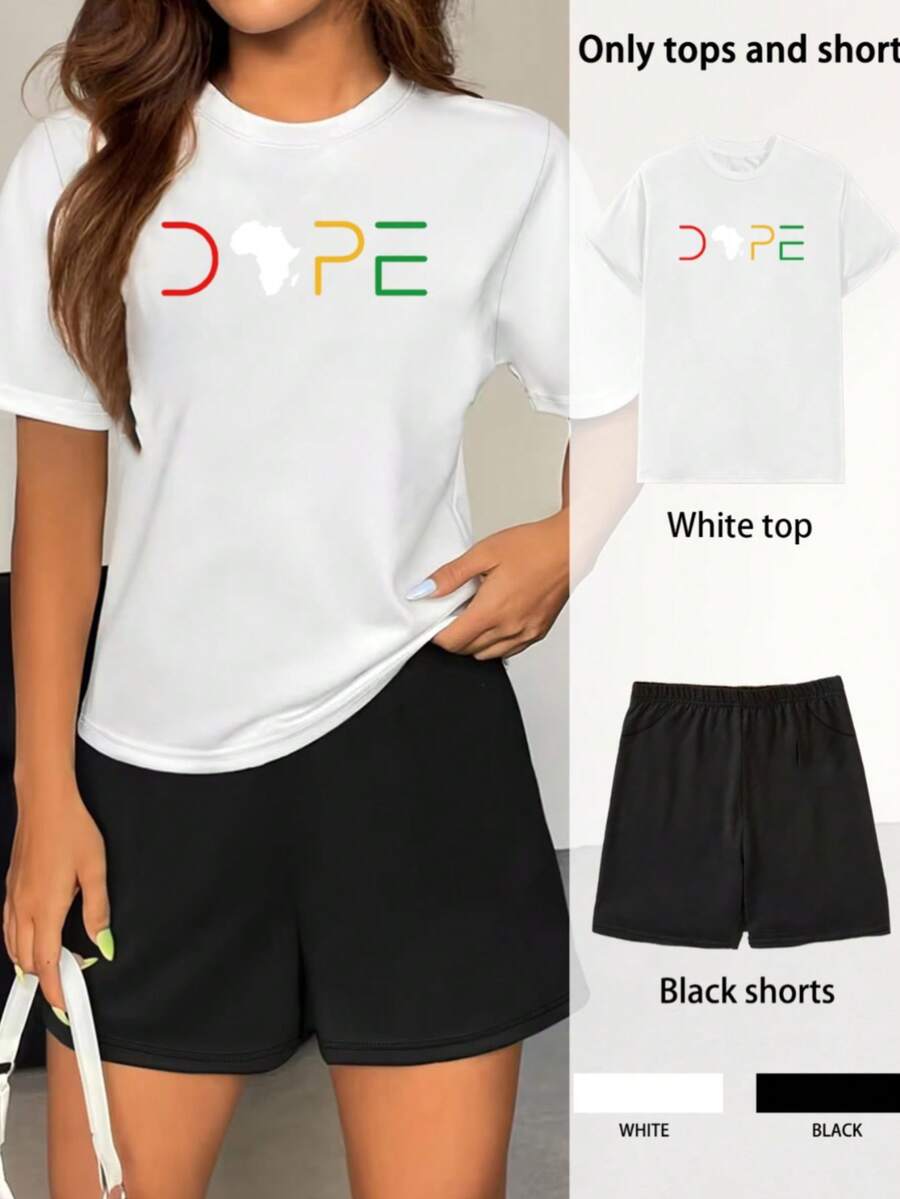MSHCJ | Mujer | Envío local | Una camiseta de manga corta casual de tamaño grande con estampado floral femenino, combinada con pantalones cortos elásticos con cintura y bolsillos.Conjunto de camiseta y pantalones cortos para mujer con estampado - Blanco - Ver 1