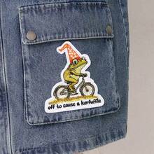 RHUAGYP 1pc Funny Frog Riding Bicycle Slogan Embroidered Patch, Wearing Orange Party Hat Graphic, Iron-On Or Sew-On Badge Suitable For Clothing Decoration - Multicolor - View 6