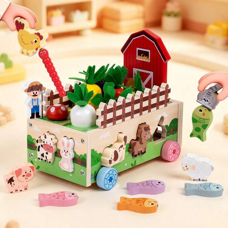Multi-Functional Wooden Farm Activity Car Toy With Animal, Fruit And Shape Sorting Modules. A Montessori Educational Toy With Pull-Along Design, Training Hand-Eye Coordination, Ideal As Birthday Gifts For Toddlers.
