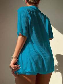 Swim Set de 2 piezas de top de kimono de manga corta y shorts de color liso 2025 para mujer, para verano - Azul - Ver 3