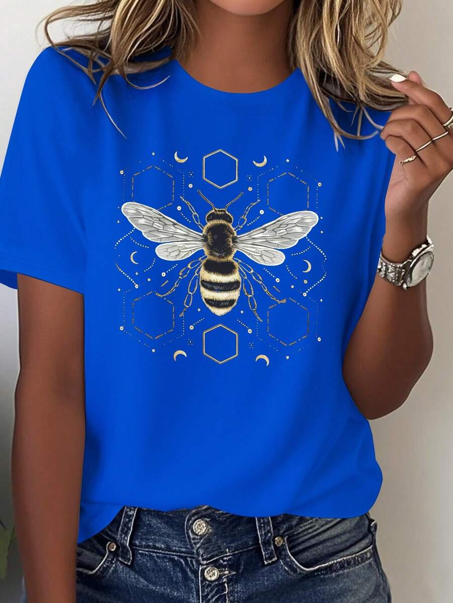 Comfortable Solid Color T-Shirt For Women With A Bee Design Featuring Transparent Wings And A Honeycomb Pattern. - Blue - View 1