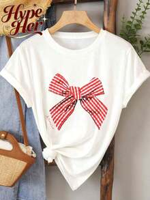 1 pieza de camiseta de manga corta blanca con cuello redondo, estilo casual, holgada y multifuncional para mujer, con diseño de lazo rojo a cuadros, ideal para vacaciones de verano, top moderno para uso diario, adecuada para el uso cotidiano, 180g de algodón 100%. - Blanco - Ver 2