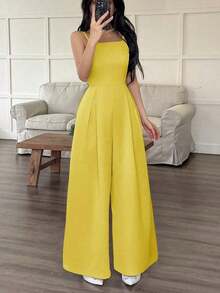 Mono de pierna ancha holgado con pliegues plegados de unicolor para uso casual y diario de verano para mujeres - Amarillo - Ver 5