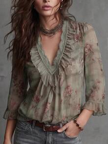 Vintage Design Elegant Lace Floral Patchwork Ruffle V-Neck Retro Chiffon Blouse Women 3/4 Sleeve Leaf Print Floral Printed Velvet Pleated Ruffle/Frill Front Button Casual Office Vacation Shirt Spring Summer - Sage Green - View 2