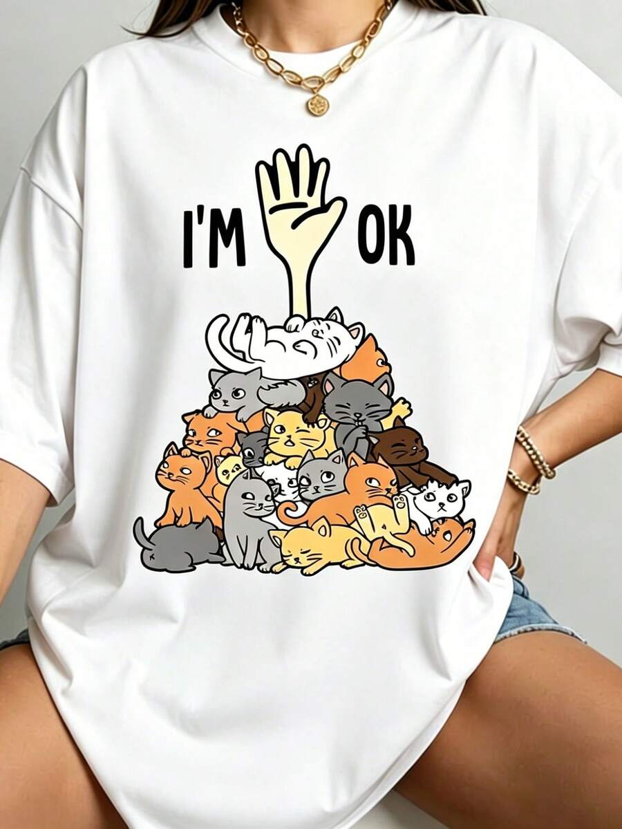 Camiseta divertida con estampado de gatos apilados y la frase "Estoy bien", cuello redondo casual, estampado de gato lindo y humorístico, camiseta de manga corta para mujer. | Diseño exquisito |   Suelto y cómodo |   Fácil de combinar | - Blanco - Ver 1
