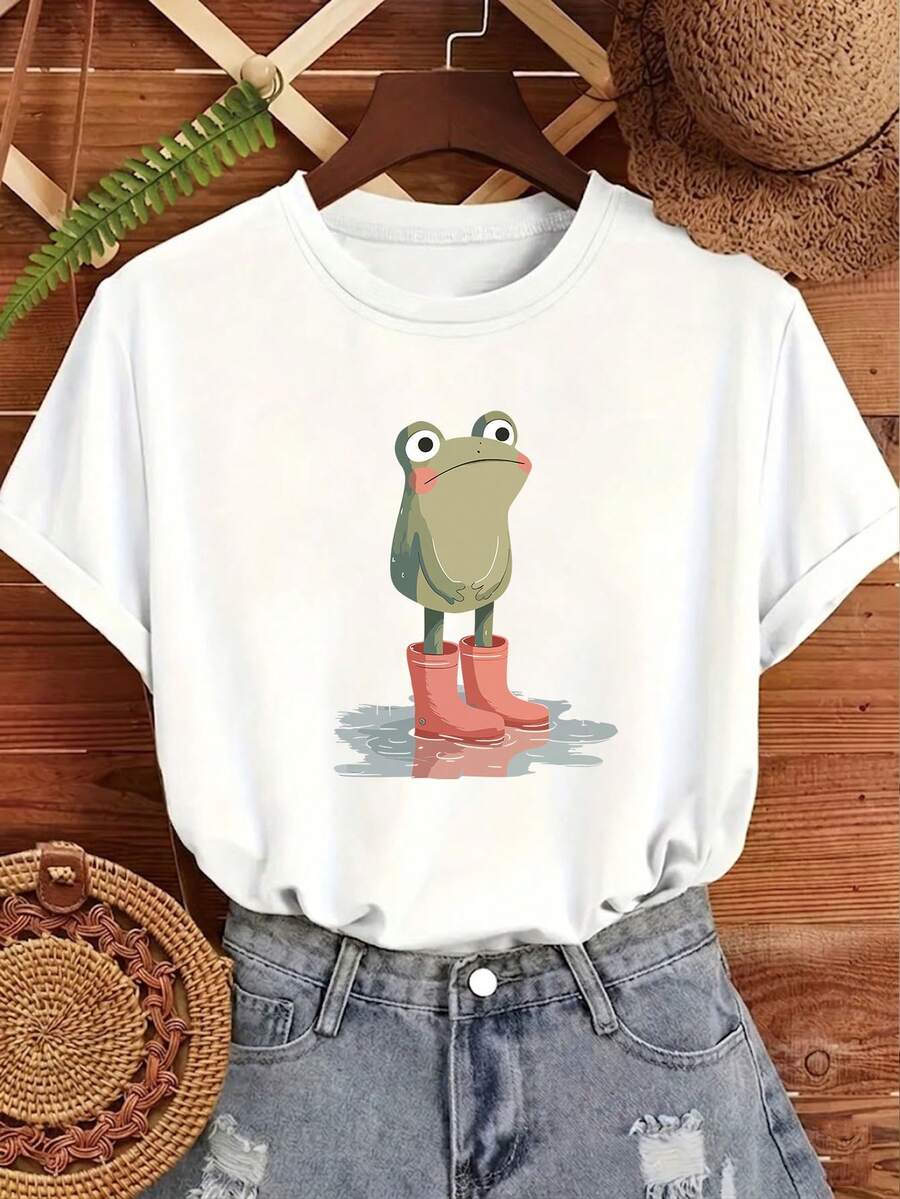Camiseta Gráfica para Mujer con Diseño de Rana en Botas de Lluvia 100% | Linda Camiseta Casual de Manga Corta con Diseño de Dibujos Animados, Cómoda para Uso Diario y Regalos - Negro - Ver 1