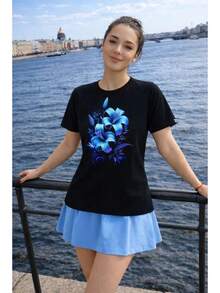 ¡La camiseta de mujer más popular de 2026! Camiseta de manga corta para mujer, moderna, juvenil, ligera y casual con ajuste ajustable. ¡El material es  y confiable! - Flor negra - Ver 2