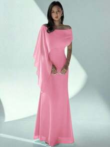 Nuevo vestido de hombros descubiertos con cuello de barco, ajuste ceñido y fluido con detalle de lazo, versátil para cumpleaños, fiesta, cóctel, color verde - Rosa - Ver 7