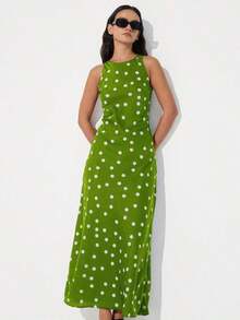 Vestido maxi elegante y sofisticado de estilo vintage francés para mujer, con diseño asimétrico, cuello redondo, sin mangas, de tela de acetato satinada con estampado de lunares y bloques de color, versátil y apropiado para el trabajo - Verde - Ver 4
