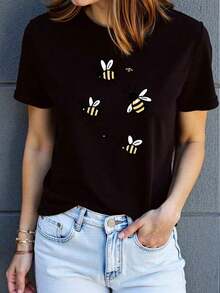 Camiseta con Estampado de Abeja - Camiseta de Manga Corta Suave, Transpirable y de Secado Rápido con Diseño de Colmena y Abeja, Blusa Casual de Cuello Redondo para Uso en Exteriores en Verano, Lavable a Máquina. - Negro - Ver 8