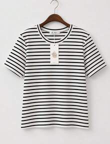 Korean Style Slim Fit Striped T-Shirt Short Sleeve Women's Tops Stylish And Versatile - 白色 - 查看 1
