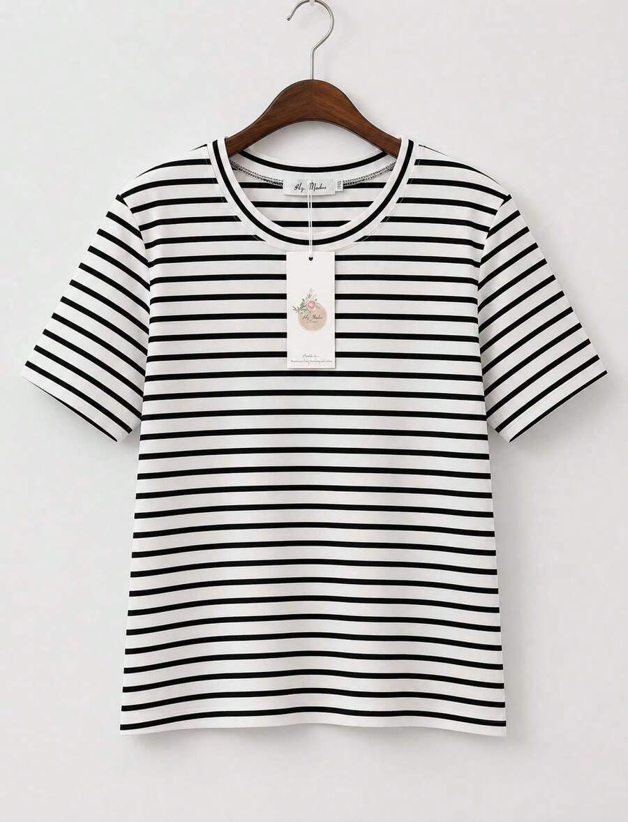 Korean Style Slim Fit Striped T-Shirt Short Sleeve Women's Tops Stylish And Versatile - 白色 - 查看 1