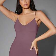 MewMuse.  Vestido ajustado unicolor de espalda abierta - Café integral - Ver 5
