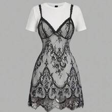 guangzhougaolangshangmao  MOD Vestido mini de verano de moda con cuello redondo y manga corta, con parches de encaje - Negro - Ver 4