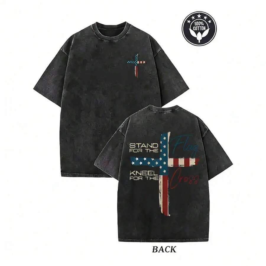 Camiseta Patriótica de Fe Cristiana – Diseño "Levanta la Bandera, Arrodíllate por la Cruz" – Camiseta Religiosa con Diseño de Cruz y Orgullo Americano para Hombres – Ropa de Algodón Cristiana Conservadora - Negro - Ver 1