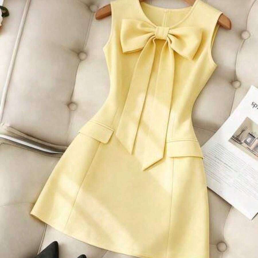 guangzhougaolangshangmao Vestido de mujer de unicolor, cuello redondo, ajustado, con lazo delantero y sin mangas - Amarillo claro - Ver 1